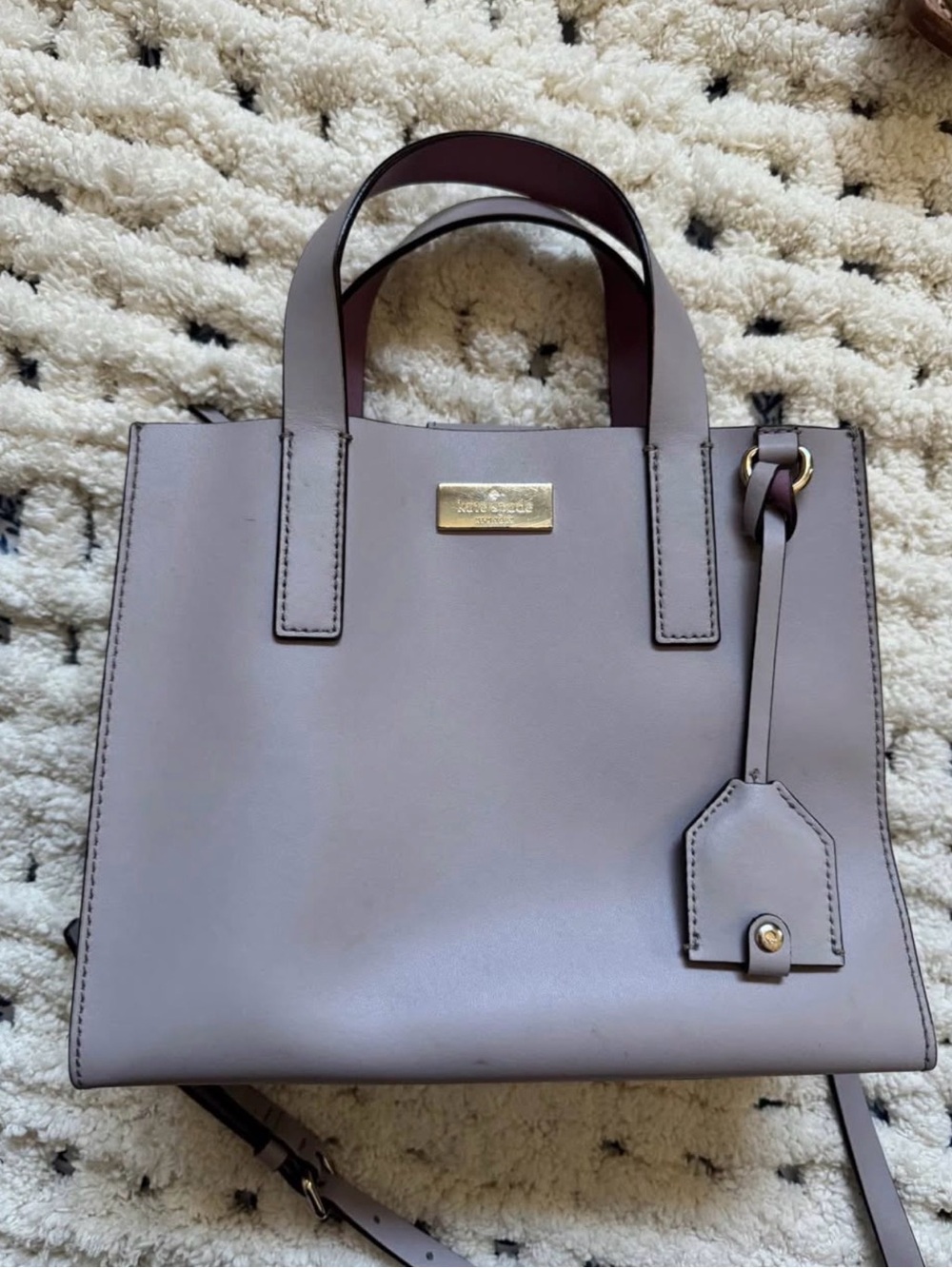kate spade taupe satchel with gold-tone plaque
